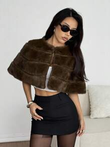 SHEIN EZwear 秋冬女士时尚优雅仿皮草披肩夹克 - 咖啡棕 - 查看 6