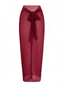 Swim Oasis 1 Piece Women Solid Color Ruched One-Piece Swimsuit With Cover-Up And Sarong Skirt For Summer Beach Vacation - Burgundy - View 5