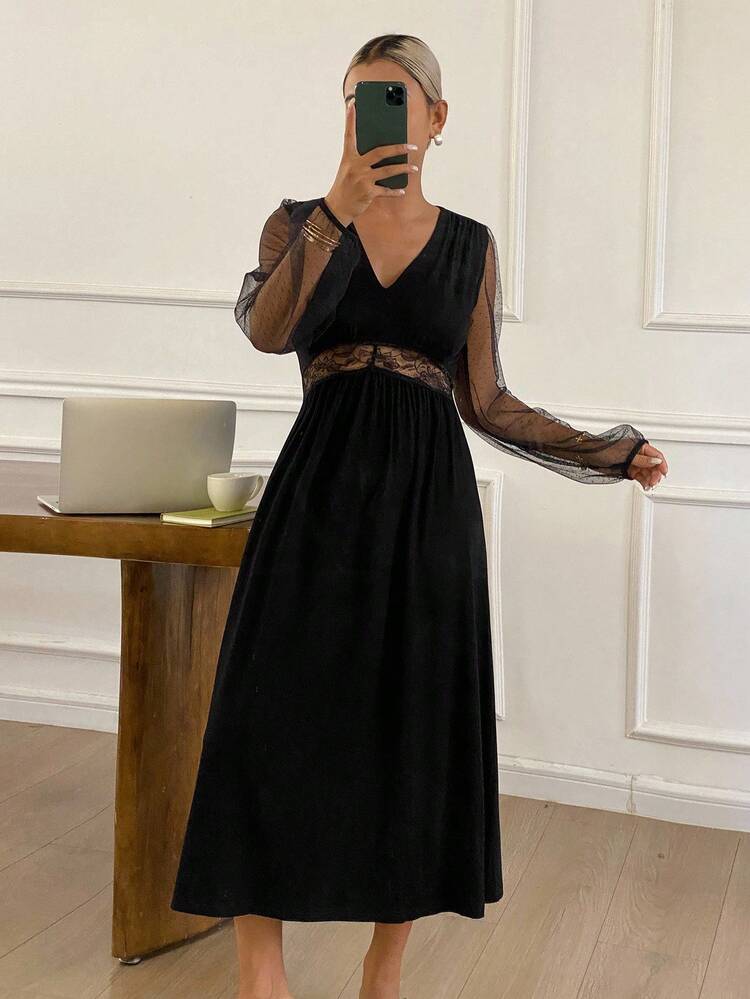 Sheer Mesh Patchwork Long Nightgown For Women, Fall Pajama