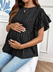 SHEIN Pregnant Women's Round Neck Cap Sleeve Ruffle Striped Casual T-Shirt, Summer - Black - View 3