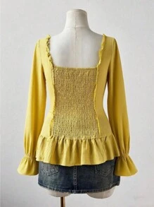 Flirla 大码女式浪漫扎染花卉蕾丝边纽扣衬衫 - 黃色 - 查看 3