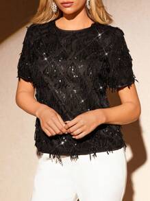 Amorya Blusa casual semplice da donna con collo rotondo e maniche corte decorata con paillettes