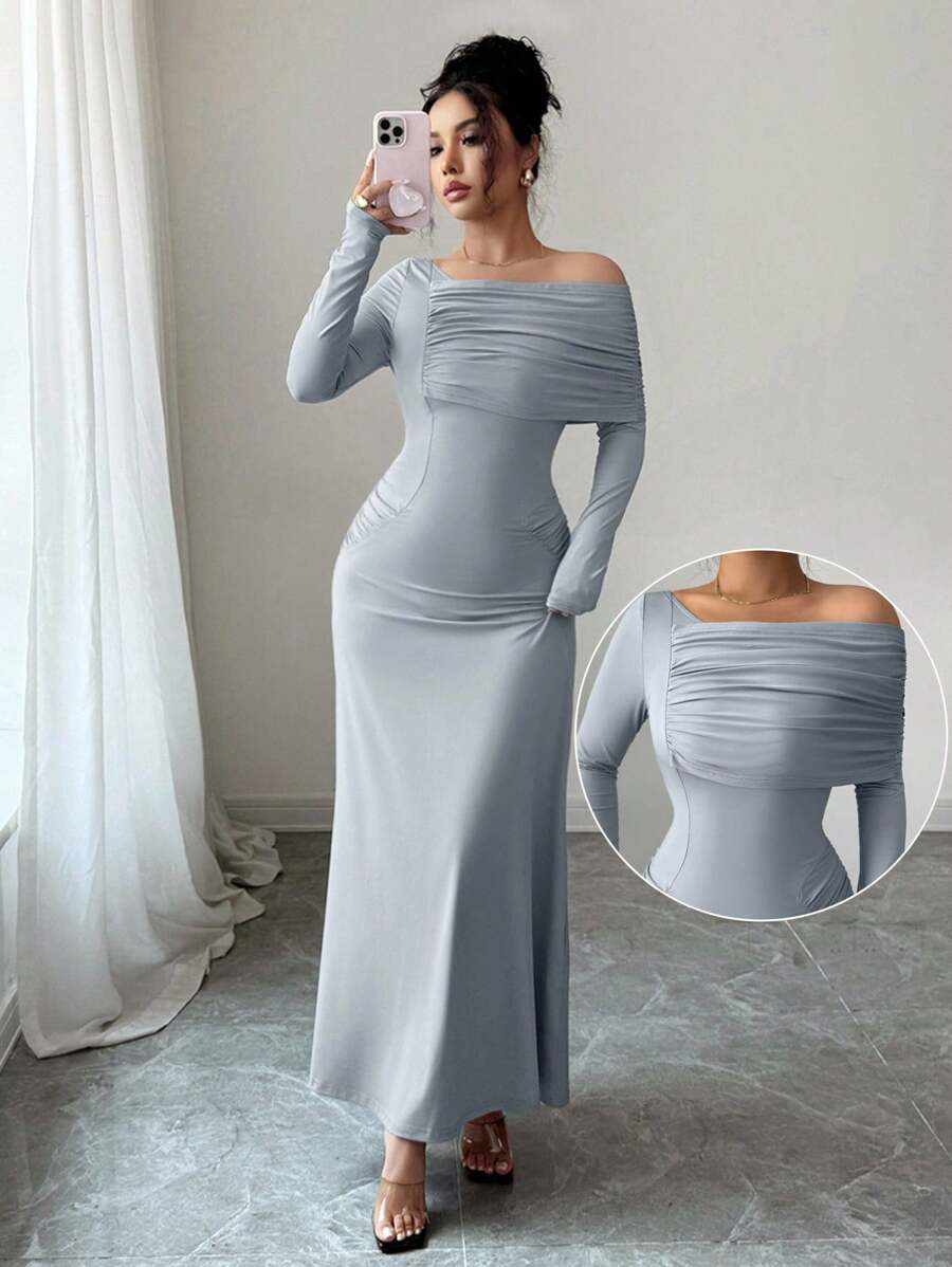 Modelyn 不对称领口褶饰鱼尾裙