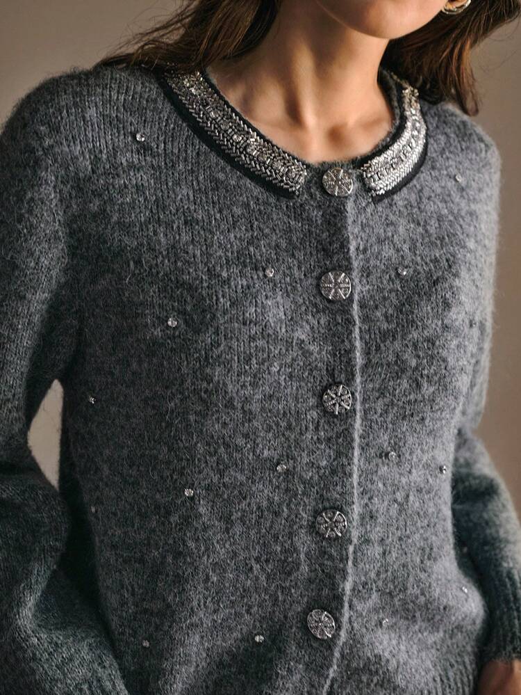 RHINESTONE BUTTON UP CARDIGAN FOR AUTUMN & WINTER FOR AUTUMN & WINTER
