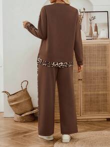 EMERY ROSE 女士休闲豹纹拼布卫衣和裤子两件套，秋冬两件套女士棕色两件套女士豹纹两件套两件套休闲套装女士女士棕色休闲套装 - 巧克力棕 - 查看 2