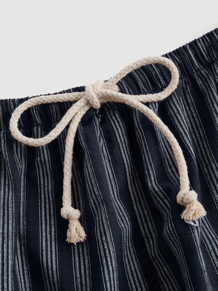 SHEIN MOD Plus Size Versatile Casual Simple Cotton Rope Tie Waist Wide Leg Pants, Navy Blue Striped - Navy Blue - View 4