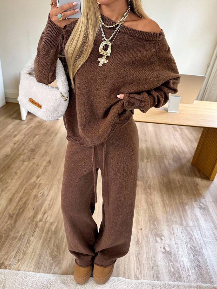 CovetEZ Brown Sweater Fall Women Clothes Old Money Autumn Women's Solid Color Round Neck Raglan Sleeve Long Sleeve Sweater And Drawstring Waist Knit Pants Casual Suit Brown Two Piece Set Comfortable Two Piece Set, - Camel - View 1