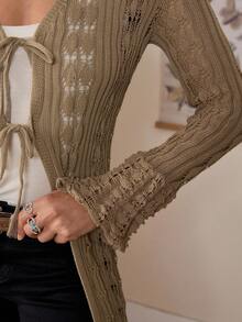 LanaWest 女式休闲修身 V 领长袖针织喇叭袖口长款开衫，棕色，春秋季 - 棕色 - 查看 4