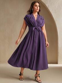 Anewsta Vestido de línea A con decoración de cuentas, de moda casual para mujer de talla grande, de verano - Morado Violeta - Ver 3