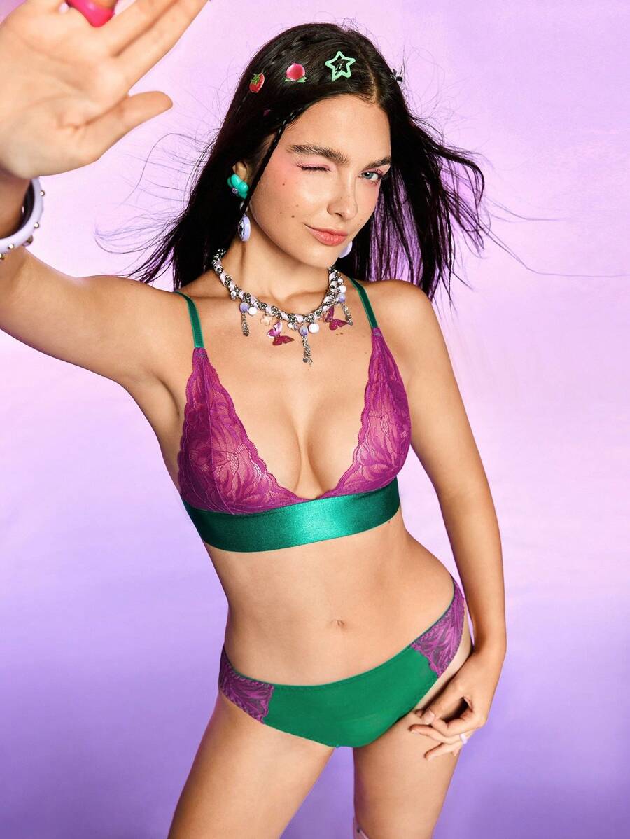 SHEIN Women Contrast Color Lace Splice Lingerie Set - Multicolor - View 1