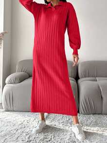 EURMUSE Women's Solid Color Minimalist Long Sleeve Sweater Dress, Casual Everyday Wear,Petite - Red - View 3