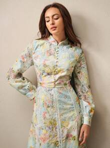 Anewsta New Elegant Floral Embroidered Contrast Lace Trim Long Sleeve Waist Cinched Maxi Dress, Suitable For Spring, Vacation, Beach, Casual - Multicolor - View 5