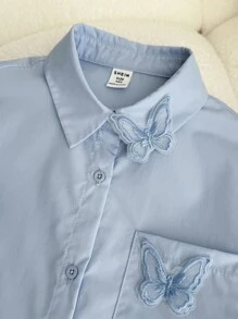Tween 女童蓝色编织纯色蝴蝶结宽松可爱休闲衬衫，适合春季、秋季、冬季、秋冬分层穿着 - 藍色 - 查看 6
