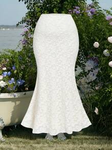 SHEIN MOD 加大码女式蕾丝鱼尾裙，优雅适合工作、日常休闲和度假，夏季 - 米色 - 查看 1