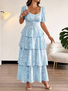 Vionelle 女士加大码优雅度假方领蝴蝶结露背多层荷叶边蝴蝶袖连衣裙 - 藍色 - 查看 3