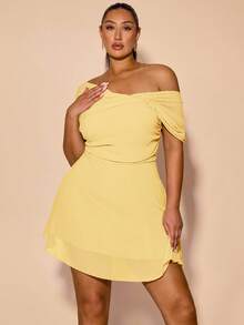 SHEIN BAE 大码女式绿色雪纺不对称网眼褶皱 A 字迷你连衣裙，春夏 - 黃色 - 查看 7