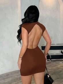 SHEIN SXY Váy ngắn ôm sát hở lưng cổ xếp nếp màu đen gợi cảm dành cho nữ, mùa hè - màu nâu - Xem 7