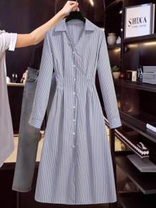 Franclia Cross V-Neck Pleated Button Striped Dress For Women All White Casual Outfits Spring Fall Cloth For Women - Blue - View 1