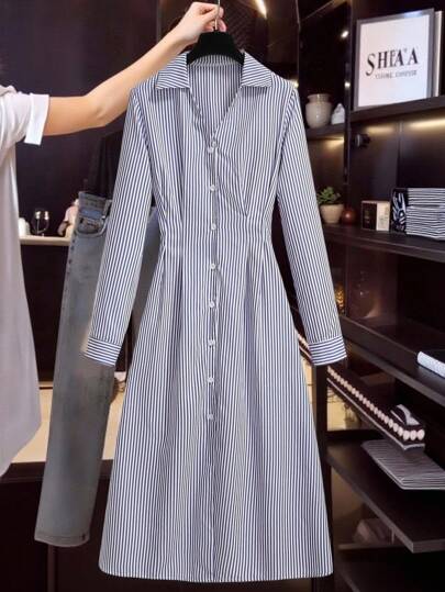 Franclia 女士交叉 V 领褶饰纽扣条纹连衣裙