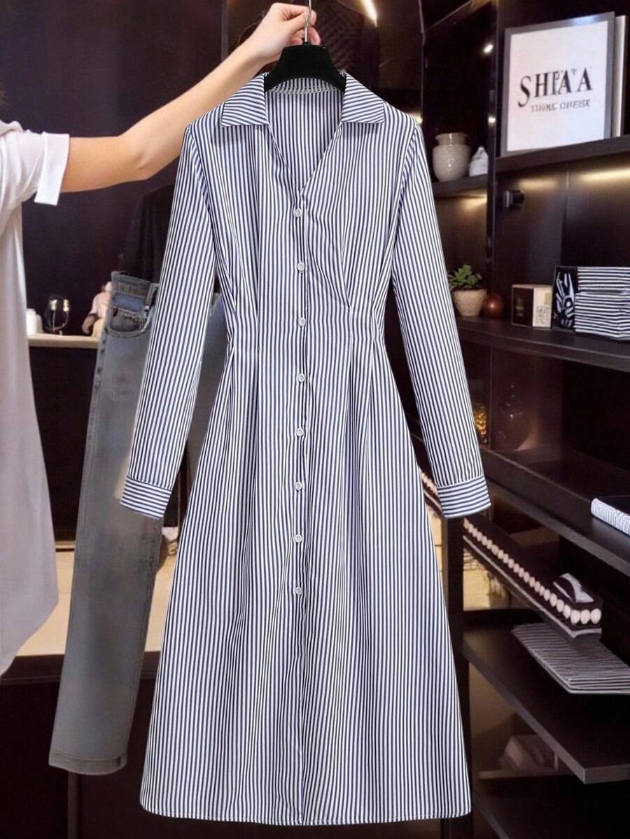 Franclia Cross V-Neck Pleated Button Striped Dress For Women All White Casual Outfits Spring Fall Cloth For Women - Blue - View 1