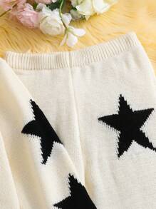 2 件套青少年女童毛衣套装，黑色星星提花针织套头衫搭配阔腿裤，舒适亲肤，春秋季时尚穿搭，适合居家穿着或送礼 - 杏色 - 查看 3