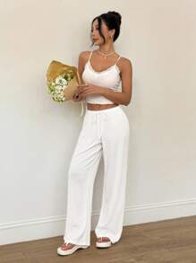 SHEIN PETITE Women's Summer New Knitted Texture Light White Casual Pants, Suitable For Vacation Wear, Autumn Winter Casual Home White Pants Women Summer Pants Comfy Pants Beach Pants Bathing Suit Cover Up Pants White Beach Pants - White - View 6