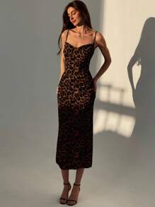 Aloruh 优雅豹纹无袖垂坠领修身连衣裙，适合派对、聚会、度假、秋季长裙、日常穿着 - 彩色 - 查看 3