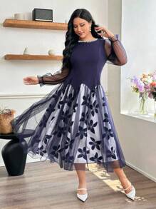 Al Najma Plus Size Long Pearl Beaded Mesh Patchwork Elegant Luxurious Design Dress, Spring/Summer - Navy Blue - View 6