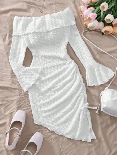 Tween Girls Elegant Ruffle Asymmetrical Hem Off Shoulder Flare Sleeve Fitted Midi Dress, Suitable For Dates, Parties, Formal Occasions In Summer Fall Winter