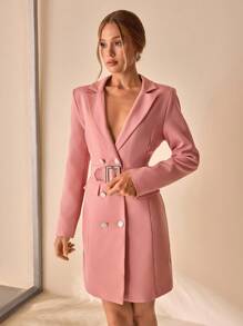 Women, Autumn, Jacket, Long Sleeve, Pink, Pocket, Belted, Button, Casual - Pink - View 3