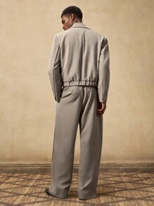 AKNOTIC 2pcs Business Casual Men's Fashion Loose Woven Khaki Regular Shoulder Fitted Short Suit Blazer Set, Suitable For Summer, Autumn, Vacation, Wedding, Party, Graduation Gift - Khaki - View 7