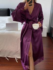 DAZY Charming Satin Contrast Lace Long Robe For Women, Fall Pajama - Purple - View 7