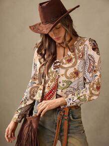 Wildy New Autumn Bohemian Casual Resort Long Sleeve Simple Teacher Blouse, Vacation Boho Paisley Top, 70s Western Blouse - Brown - View 2