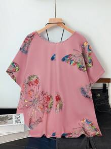 EMERY ROSE Plus Size Women's Butterfly Print Loose Fit T-Shirt Graphic Tees Women Tops