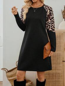 EMERY ROSE 女士休闲豹纹插肩袖卫衣豹纹连衣裙长袖连衣裙黑色休闲连衣裙动物印花连衣裙猎豹印花连衣裙秋冬 - 彩色 - 查看 5