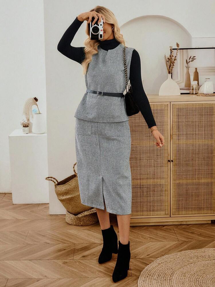 Women's Elegant Commuter Vest & Skirt 2 Pieces Set Tweed Two Piece Set Two Piece Set Women Skirt Work Dress For Office Fall Clothes For Women Office Outfits For Women Fall Outfits
