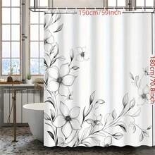 SHEIN 1PC Floral Shower Curtain - Black & White Modern Botanical Print, Waterproof Polyester Fabric With Rust-Resistant Grommets, Machine Washable Bathroom Decor - Luxury Spa Style, Hotel Inspired, Woven Textured Design For Bath & Shower