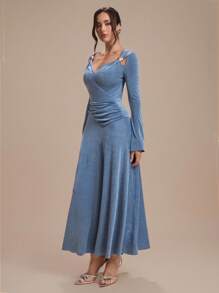 Modelyn Women's V-Neck Metal Buckle Asymmetrical Ruched Waist Elegant Versatile Daily Casual Party Dress,Fall Wedding Guest Dress,Fall Dresses For Women