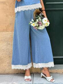 SHEIN Casual Elastic Waist Wide Leg Maternity Jeans, Versatile & Comfortable, Spring/Autumn - Blue - View 1