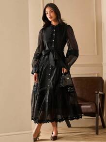 Lilora Váy maxi xếp nếp nhiều lớp ren đen trơn màu cổ điển lãng mạn thanh lịch có nút, thắt eo, nơ, tay áo đèn lồng cho tiệc tùng, mùa xuân/thu - màu đen - Xem 3