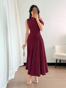 Elenzga 女士优雅奢华正式长裙，不对称领口，荷叶边细节，A 字廓形，拉链开合，酒红色，适合万圣节、圣诞节、国庆节、新年派对、毕业典礼、婚礼、角色扮演 - 中紫紅色 - 查看 6