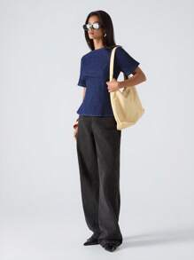 LYSMO 女士纯色圆领休闲短袖牛仔衬衫 - 藍色 - 查看 6