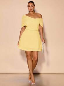 SHEIN BAE 大码女式绿色雪纺不对称网眼褶皱 A 字迷你连衣裙，春夏 - 黃色 - 查看 5