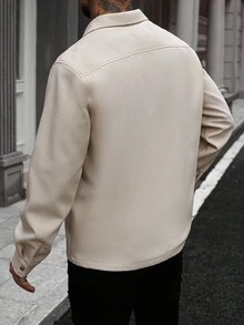 Manfinity CasualCool Men's Solid Color Minimalist Casual Long Sleeve Button Up Beige Shacket , Fall - Apricot - View 2