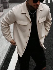 Manfinity CasualCool Men's Solid Color Minimalist Casual Long Sleeve Button Up Beige Shacket , Fall - Apricot - View 5
