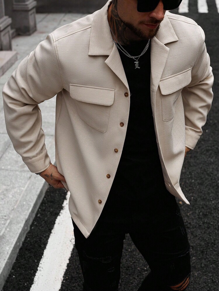 Manfinity CasualCool Chaqueta de camisa de unicolor minimalista casual de manga larga con botones para hombre, color beige, para otoño - Albaricoque - Añade 5