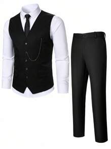 Manfinity Mode Acessório de decoração com corrente combinando da moda masculina, conjunto de terno casual masculino para uso diário, combinando com colete - Preto - Ver 6