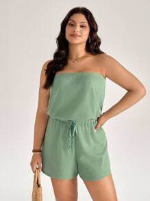 SHEIN LUNE Plus Size Sage Green Summer Casual Beach Holiday Strapless Romper, Solid Sleeveless Cinched Waist Jumpsuit,Tube Top Lounge Romper For Women - Mint Green - View 9