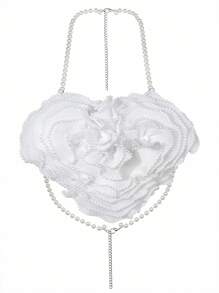 SHEIN 心形花卉图案珍珠装饰上衣，适合派对、俱乐部、音乐节晚宴和其他活动。