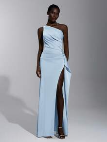 SHEIN Belle Elegant, Romantic, Sexy, Minimalist, Light Yellow, Satin, Stretchy, Backless, Ruffle Hem, Bodycon, High Slit, Fashionable, Influencer Style, Suitable For Holidays, Vacation, Birthday Party, Wedding, Bridesmaid Dress - Baby Blue - View 5